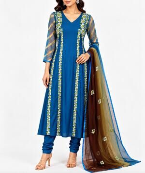 Indian Pakistani Blue Floral Embroidered Salwar Kameez 3 Piece Suit XS Wedding